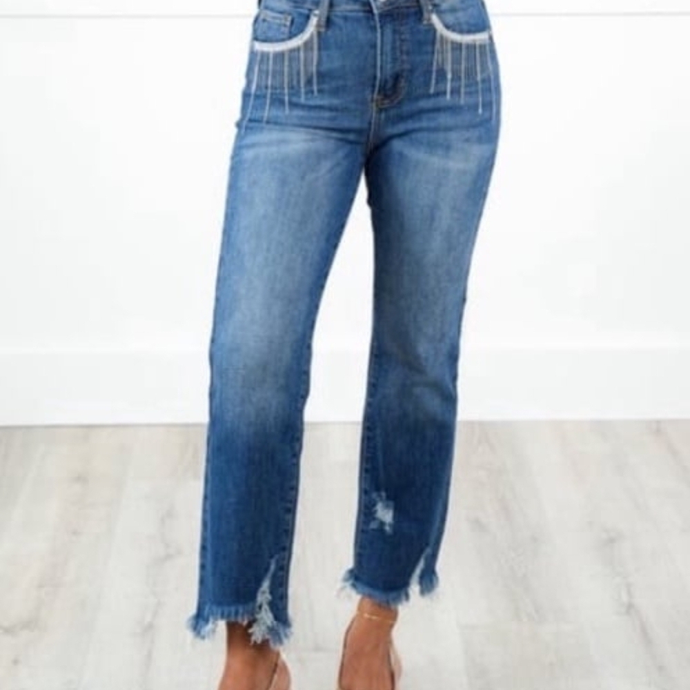 NWOT Risen Blue Distressed Straight-Leg Jeans